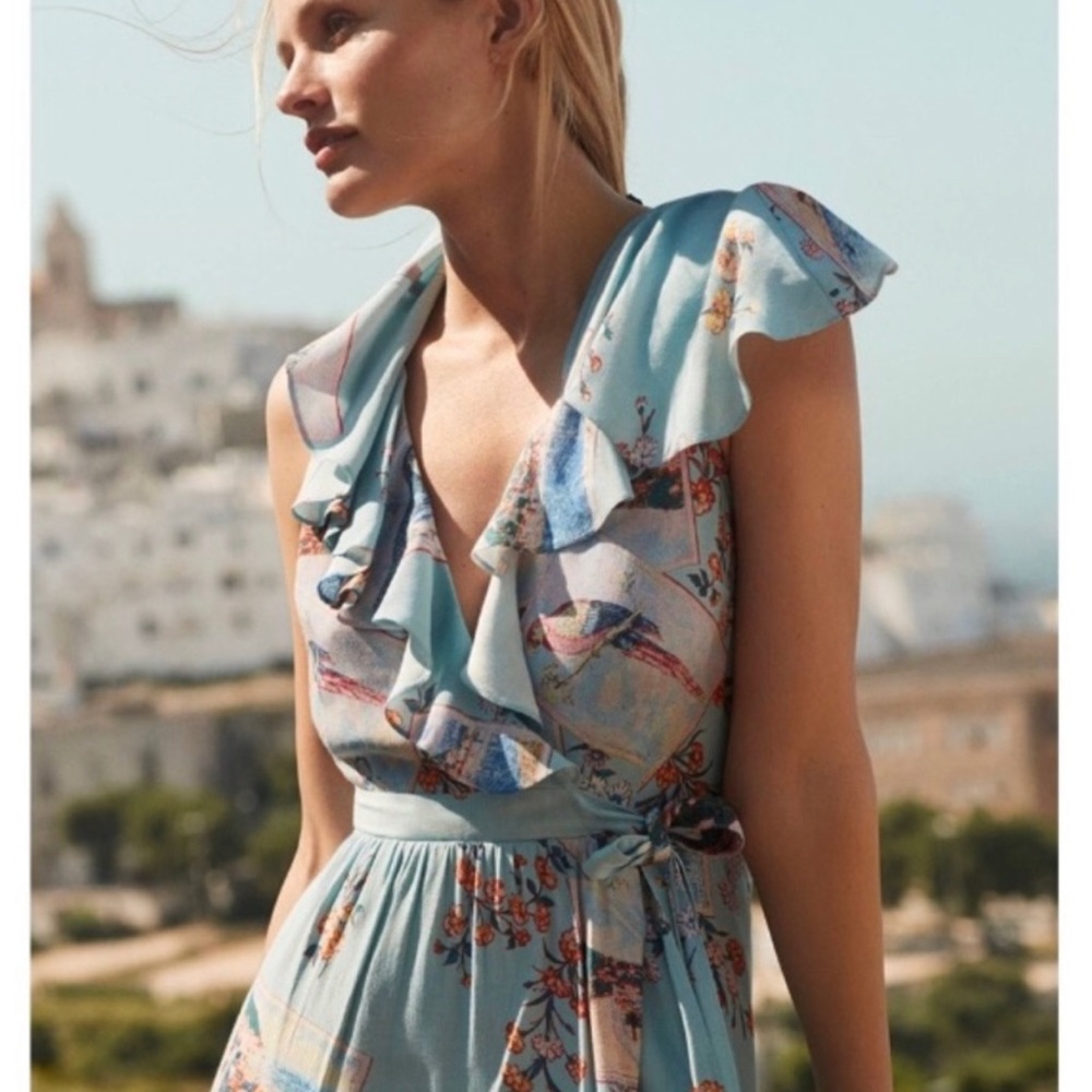 Anthropologie Maeve Blue Rosalia Floral Bird Faux
Wrap Ruffle V-Neck Dress NWOT